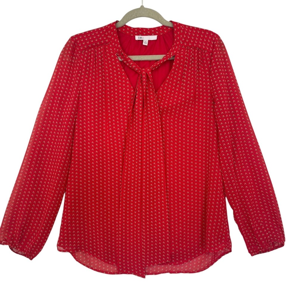 DR2 Top Size M Women Blouse Tie Neck Long Sleeve Sheer Red Print Career V Neck